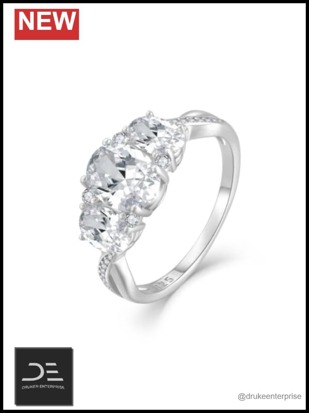 925 Sterling Silver Three Stone Promise Ring Engagement Trilogy Cubic Zirconia